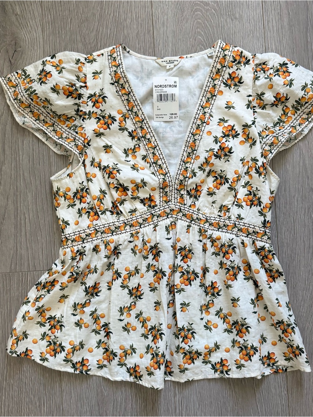 Max Studio NWT V Neck Peplum Fruit Floral Top